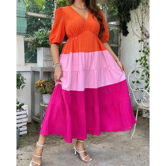 ❤️ SHEIN Curve Color Block Maxi Ruffle Dress - Picture 7 of 7